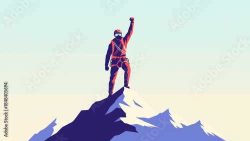 Illustrative climber in full gear triumphantly raising a fist atop a snow-capped mountain peak against a serene sky
