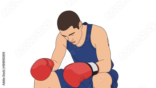 Tired male boxer wearing red gloves and blue uniform, sitting with head down, isolated on white.