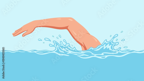 A swimmer's arm cutting through refreshing blue water with dynamic splashes