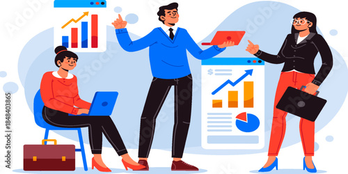 Business plan isometric concept vector illustration. Strategic business planning, creating financial plan, startup development, corporate marketing strategy, entrepreneur concept