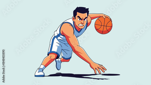 Determined basketball player in athletic uniform dribbling a ball on a court, capturing intense game action and skill.