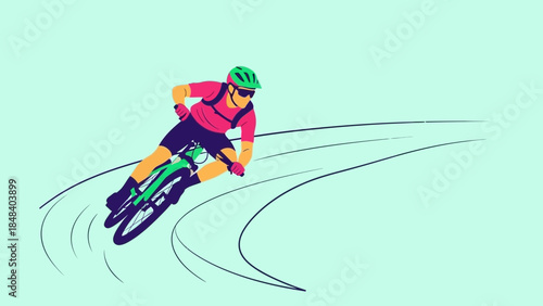 Dynamic cyclist in pink jersey and green helmet races downhill on a mountain bike