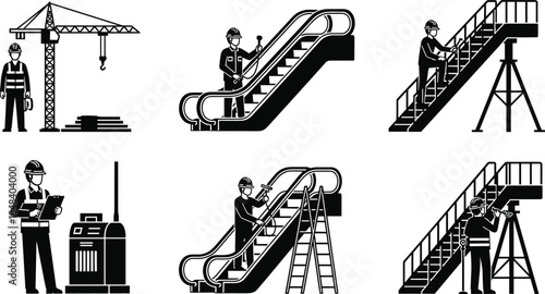 Construction and maintenance worker silhouettes, industrial escalator stairs crane inspection vector illustration set for engineering safety, repair services, building industry