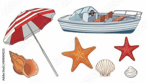 Beach Vacation Objects Including Umbrella Seashells Starfish and Boat.