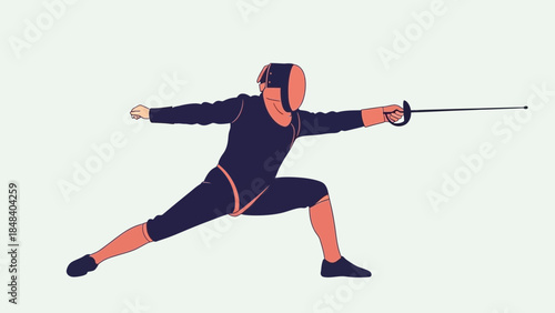 Dynamic Fencer in Combat Pose with Sword Ready for Action on a Light Background