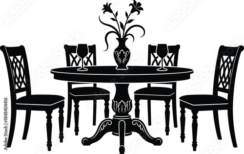 Elegant round dining table with chairs silhouette vector illustration, classic interior furniture set with flower vase and wine glasses, isolated black design