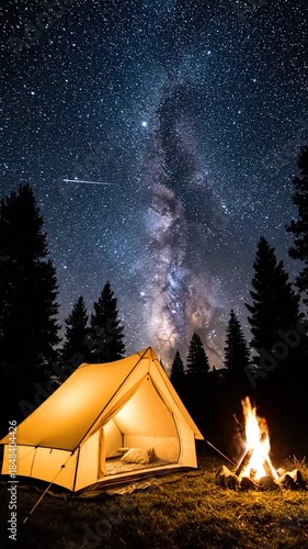 Glowing tent and bonfire in a forest under a breathtaking star-filled night sky