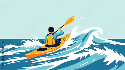 A kayaker in a yellow kayak paddles through crashing waves, enjoying an extreme water sport adventure.