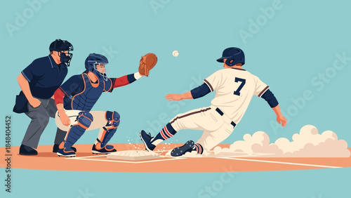 Baseball catcher attempts to tag a runner sliding into home plate during a dynamic game