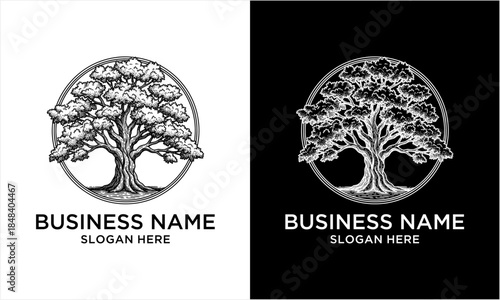 Detailed illustration of a majestic tree of life within a circular frame, symbolizing growth and nature.