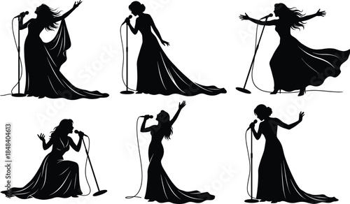Female singer silhouette collection vector illustration, elegant woman performing with microphone, music concert poses, stage performance art, isolated black and white design
