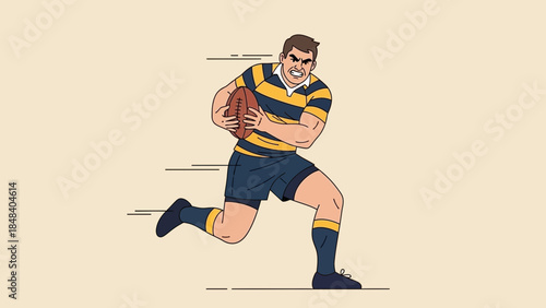 Determined rugby player in striped uniform running with ball