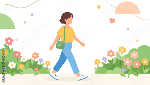 Person Walking in Spring Garden with Blooming Flowers Flat Illustration