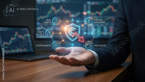 AI risk controls concept with business person holding digital shield icon and financial chart on laptop screen in office