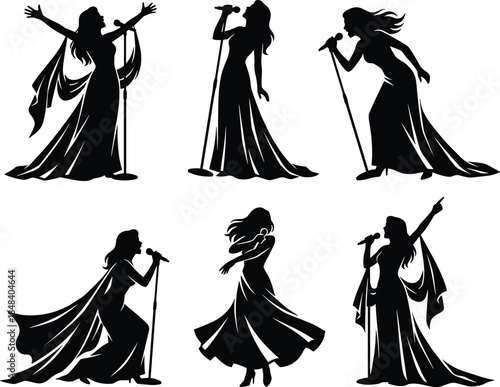 Female singer silhouette set vector illustration, elegant woman performing with microphone, dramatic stage poses, music concert performance, isolated black and white design