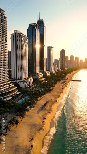 Skyscrapers line a tropical sandy beach with calm ocean waves at golden hour