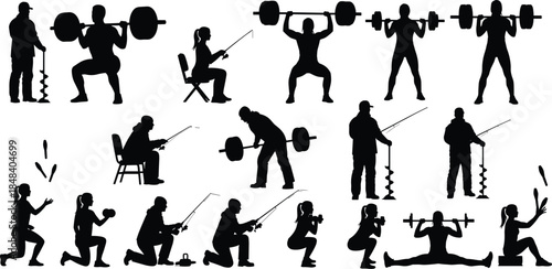 Fitness training and outdoor activity silhouettes vector illustration, weightlifting workouts, fishing poses, squat exercises, strength training people collection, isolated black and white design