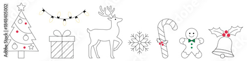 Christmas tree with ornaments, festive lights, and holiday decorations, featuring a reindeer, candy cane, snowflake, gingerbread man, and bell, creating a joyful winter atmosphere
