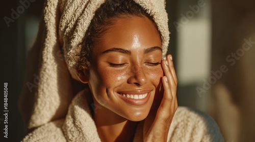 Wallpaper Mural Relaxed Woman Smiling with Towel in Sunlit Spa Environment Torontodigital.ca