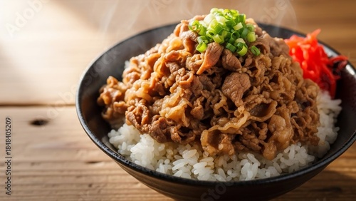 Delicious Japanese Gyudon Beef Bowl with Rice and Pickled Ginger on Wooden Table.
