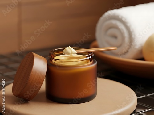 Skincare jar with wooden spatula and rolled towel on a tiled surface, spa and beauty treatment concept