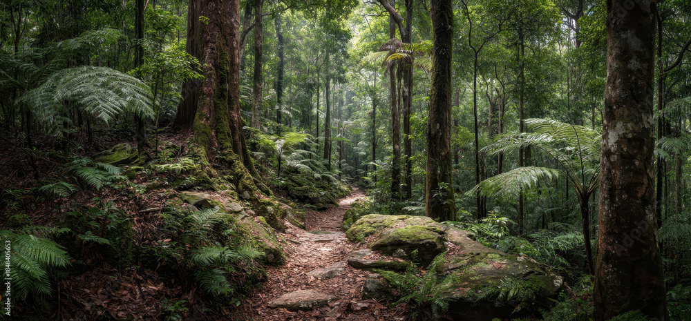 Obraz premium Panoramic Rainforest Trail Scene Dense Green Foliage Sunlight Filtering Through Trees Lush Natural Environment