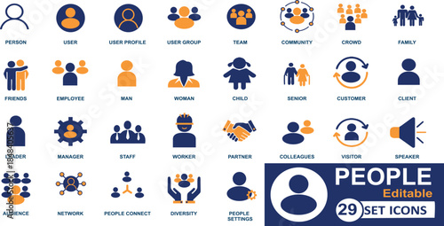 People Editable Vector Icon Set with User Profile, Team, Community, Family, Network, Diversity and Business Roles Symbols for Website, App UI, Infographic and UX Design