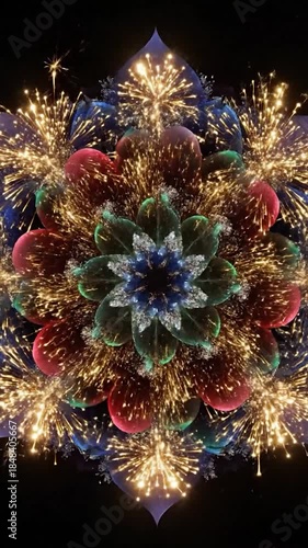 A vibrant, symmetrical floral mandala exploding with golden firework sparks