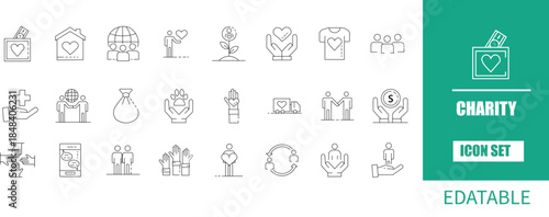 Charity and Donation Line Icons Set – Helping Hands, Care, Love and Community Support Vector Collection .Vector illustration. Editable stroke