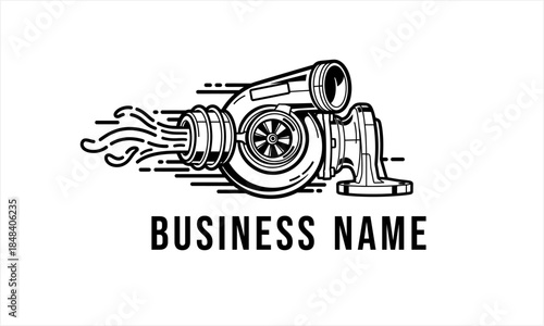 Monochrome turbocharger with dynamic lines and splash effect, representing speed and power.