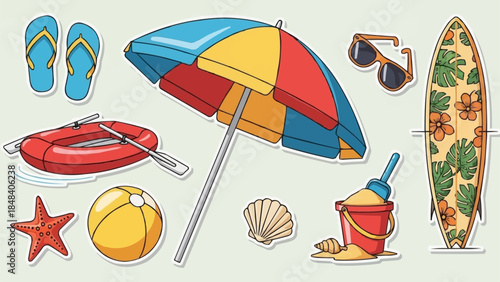 Collection of Beach and Summer Vacation Items for Recreation and Fun.