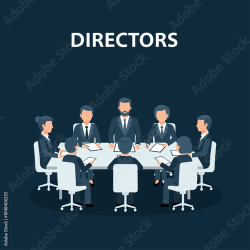 An illustration of a group of business directors holding a meeting around a conference table, discussing corporate strategies.