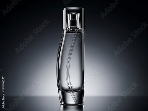 Elegant empty perfume bottle with sleek curves and a polished cap, showcased against a dark gradient background