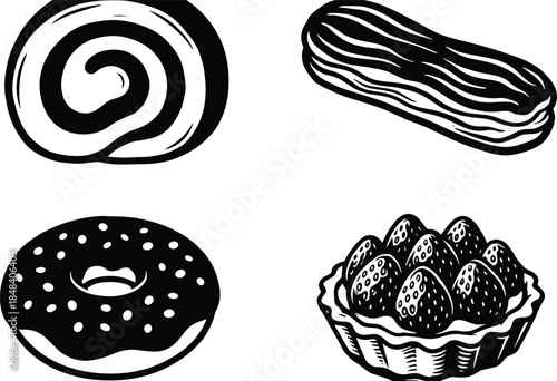 Dessert and pastry silhouette set, donut, roll cake, éclair, fruit tart, black isolated bakery illustration icons