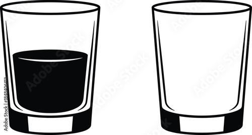 Glass tumbler silhouette set, empty and half full drinking glasses, beverage container icons, black isolated illustration