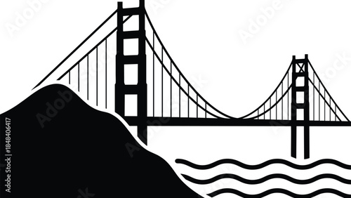Golden Gate Bridge silhouette illustration, iconic suspension bridge over bay waters, San Francisco coastal landmark, black isolated vector design