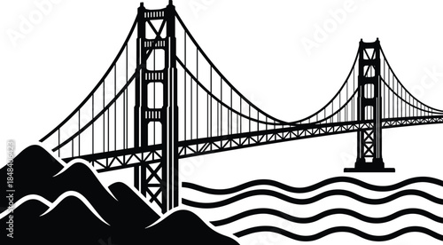 Golden Gate Bridge silhouette illustration, iconic suspension bridge over sea, San Francisco landmark architecture, black isolated vector design