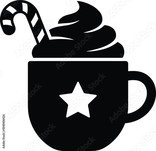 Hot chocolate mug silhouette with whipped cream and candy cane, winter holiday drink icon, black isolated illustration