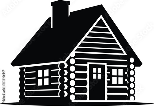 Log cabin house silhouette illustration, wooden countryside home architecture, rustic rural building, black isolated vector design for outdoor living concepts
