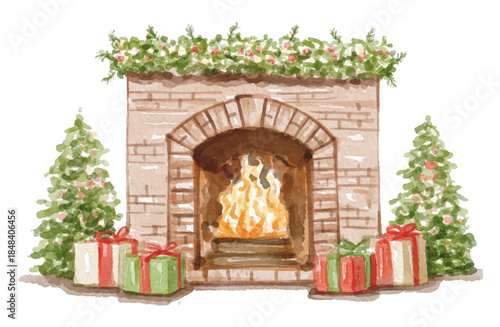 Hand painted watercolor christmas fireplace isolated