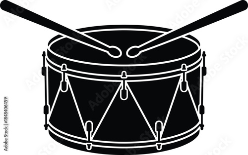 Snare drum silhouette illustration with drumsticks, percussion musical instrument icon, marching band rhythm concept, black isolated vector design