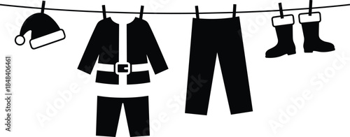 Santa Claus clothes silhouette hanging on clothesline, Christmas costume set with hat, jacket, pants and boots illustration