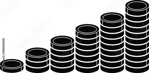 Stacked coins growth silhouette illustration, financial savings increase concept, money investment progress chart, black isolated vector icon design