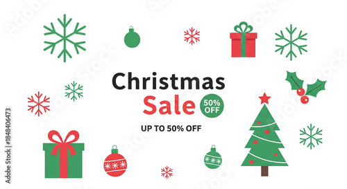 A festive Christmas sale promotional banner featuring flat vector illustrations of snowflakes, gifts, ornaments, and a Christmas tree surrounding discount text on a white background.