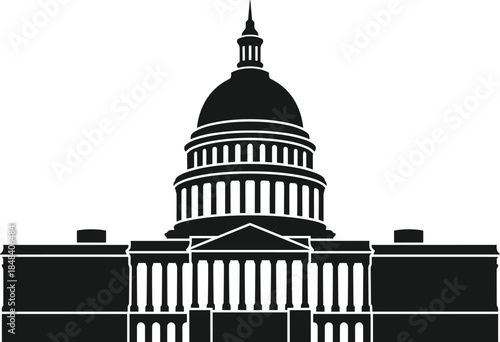 United States Capitol silhouette illustration, Washington DC government building, political architecture landmark, black isolated vector icon