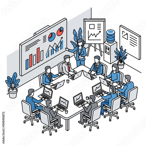 A business meeting in a conference room with a presenter and attendees looking at data visualizations.