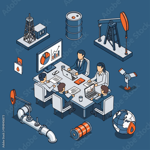 Isometric illustration of a business meeting in the oil and gas industry with various related elements like rigs, pumps, barrels, and pipelines.