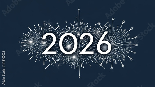 Sparkling white fireworks exploding behind large 2026 text on dark blue background