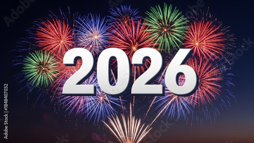 Vibrant fireworks explode in colorful display celebrating 2026 with bright red, blue, green and white bursts against dark night