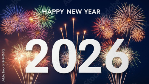 Vibrant fireworks display on dark blue background with happy new year 2026 text